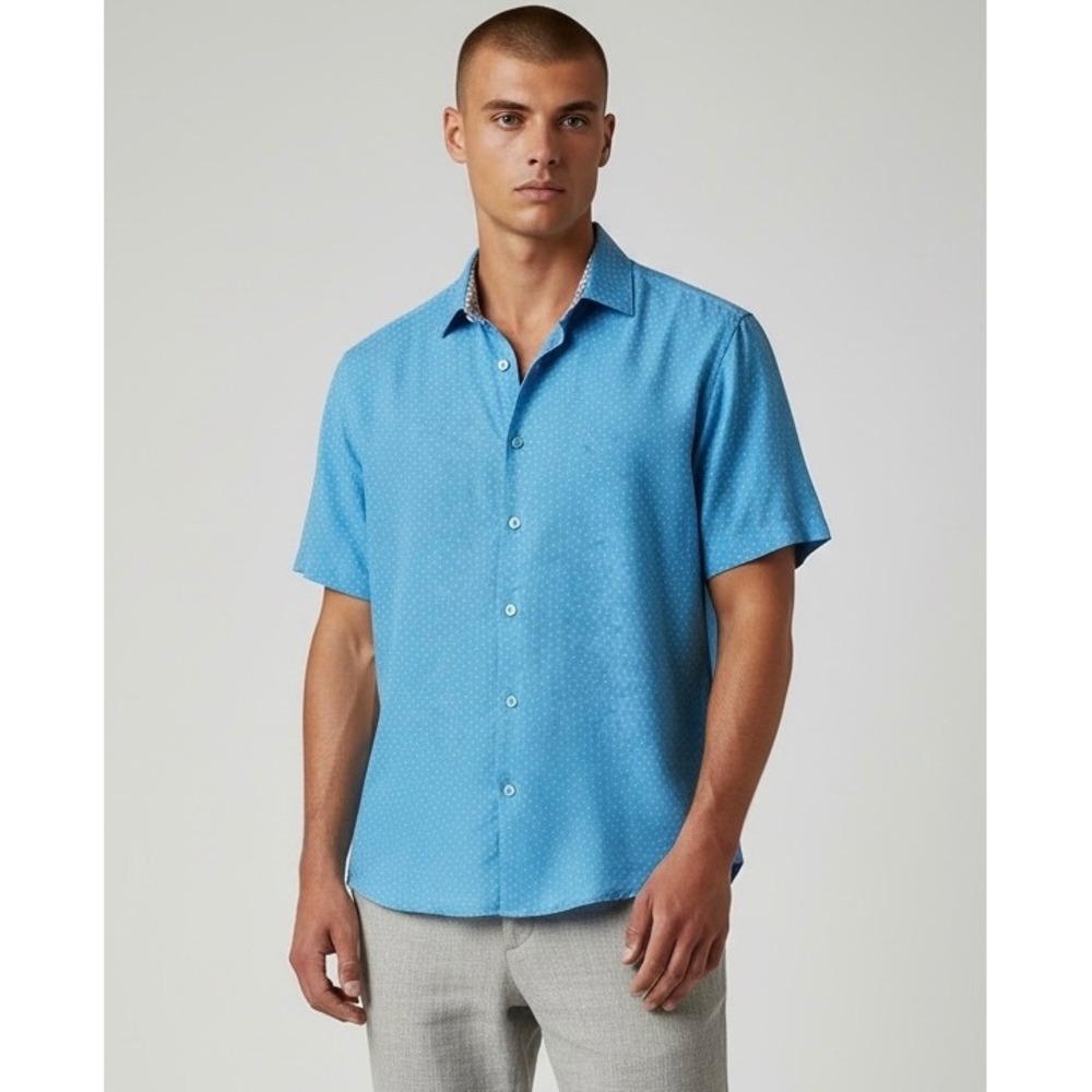 Strauss Mens Blue‎ Medium Micro Floral Print Short Sleeve Button Down Shirt